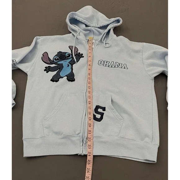 STITCH Disney Ohana Lilo & Stitch Light Blue Hooded Full Zip Jacket Size Large - Picture 8 of 9